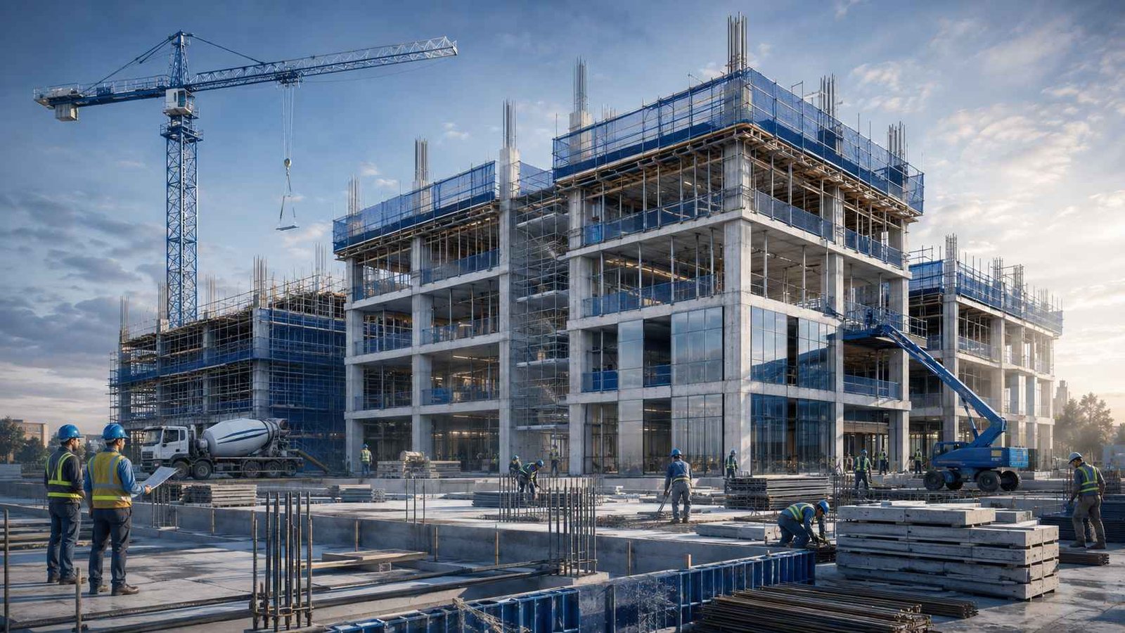 Construction professionals working on a building project
